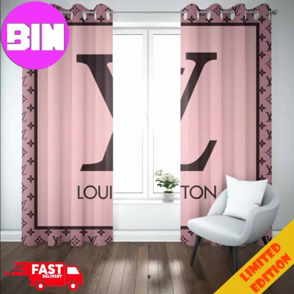 Louis Vuitton Luxury Pink Background And Black Logo Window Curtain For Bedroom Living Room Window Decor