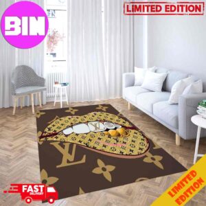Louis Vuitton Rug Carpet Golden Lips Pattern And Brown Luxury Home Decor For Living Room And Bedroom