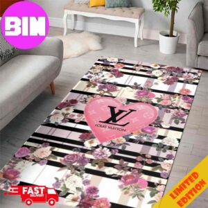 Louis Vuitton Rug Carpet Pink Heart Flowers Pattern And Logo Black Luxury Home Decor For Living Room And Bedroom