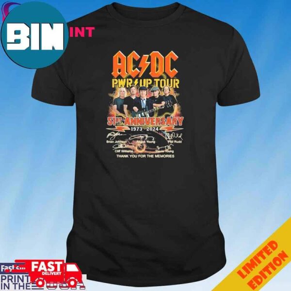 Official ACDC Pwr Up Tour 51st Anniversary 1973-2024 Thank You For The Memories Signatures T-Shirt