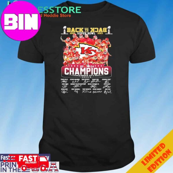 Official Kansas City Chiefs Back To Back 2022 2023 Super Bowl Champions 2024 Signatures T-Shirt Hoodie