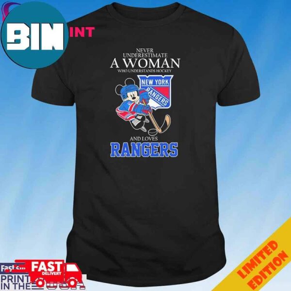 Official Never Underestimate A Woman Who Understands Hockey And Loves Mickey Mouse New York Rangers T-Shirt