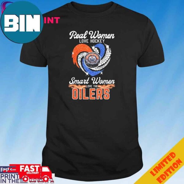 Official Real Women Love Hockey Smart Women Love The Edmonton Oilers Heart Diamond T-Shirt