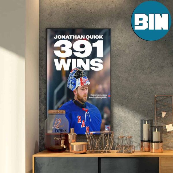 Jonathan Quick New York Rangers Reaches 391 Wins Tied For Most Among American-born Goalies Home Decor Poster Canvas