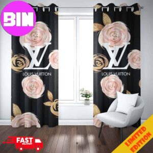 Louis Vuitton Window Curtain Black Background And Rose Pattern Luxury Home Decor For Living Room And Bedroom