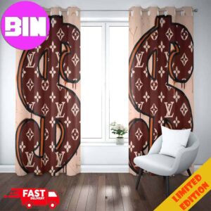 Louis Vuitton Window Curtain Brown Background And Dollar Pattern Luxury Home Decor For Living Room And Bedroom