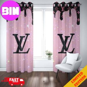 Louis Vuitton Window Curtain Pink Background Twinkle And Big Logo LV Luxury Home Decor For Living Room And Bedroom