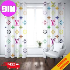 Louis Vuitton Window Curtain White Background And Colorful Logo Luxury Home Decor For Living Room And Bedroom