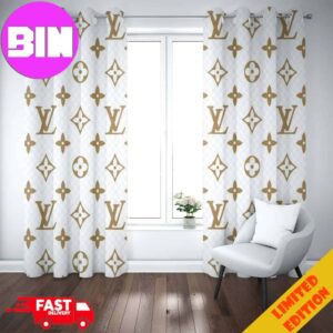 Louis Vuitton Window Curtain White Background And Golden Logo Luxury Home Decor For Living Room And Bedroom