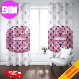 Louis Vuitton Window Curtain White Background And Pink Lips Pattern Luxury Home Decor For Living Room And Bedroom