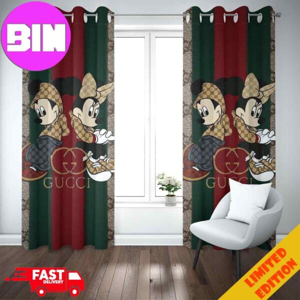Mickey Mouse x Gucci Logo Red And Green Background Luxury And Style Home Decorations Window Curtain