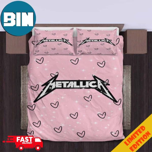 Pink Background And Heart Logo Metallica Bedding Set Home Decor Duvet Cover And Pillow Cases