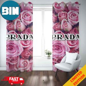 Prada Text Logo x Roses Background Fashion And Luxury Home Decor For Living Room Window Curtain