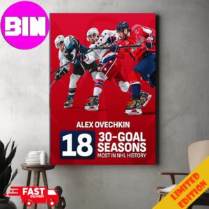 Alex Ovechkin Of Washington Capitals NHL Became The First Player Had At Least 30 Goals In 18 Seasons NHL Home Decor Poster Canvas