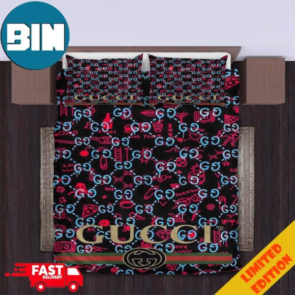 Gucci Logo Pattern Home Decor Bedding Set With Duvet Cover And Pilowcases