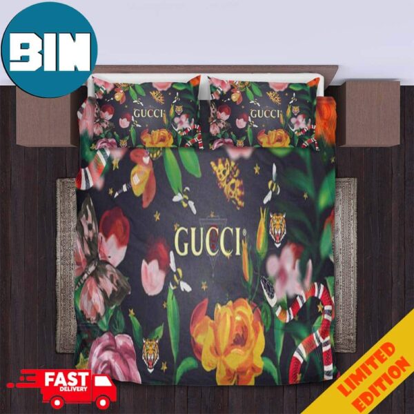 Jungle Style Flower x Gucci Home Decor Bedding Set For Bed Room With Duvet Cover And Pilowcases