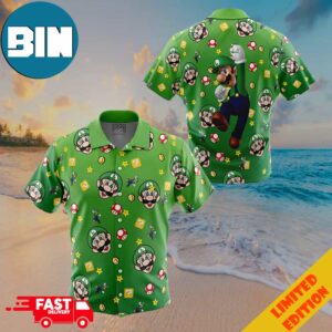 Luigi Pattern Super Mario Button Up Hawaiian Shirt