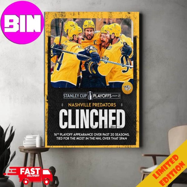 Nasgville Predators NHL Clinched Stanley Cup Playoffs 2024 Home Decor Poster Canvas