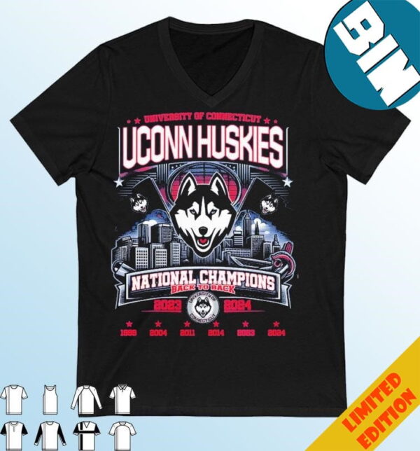 Official University Of Connecticut Uconn Huskies Skyline National Champions Back To Back 2023-2024 T-Shirt