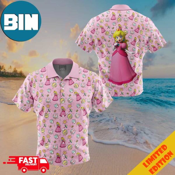 Peach Pattern Super Mario Button Up Hawaiian Shirt (1)