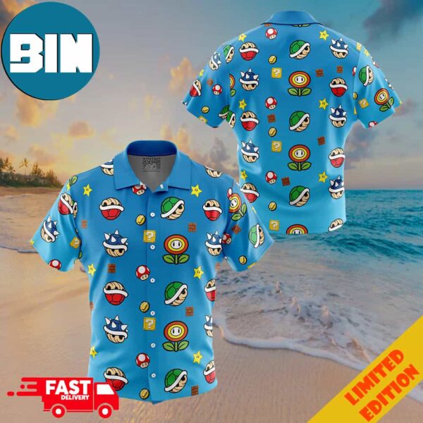 Super Mario Items Pattern Button Up Hawaiian Shirt