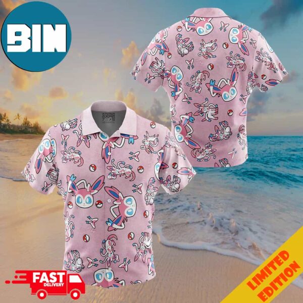 Sylveon Pattern Pokemon Button Up Hawaiian Shirt