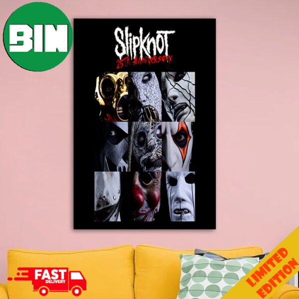 An Exclusive Look At The New 25th Anniversary Reveal Sick New Masks And Coveralls With All Band Members Slipknot Home Decor Poster Canvas