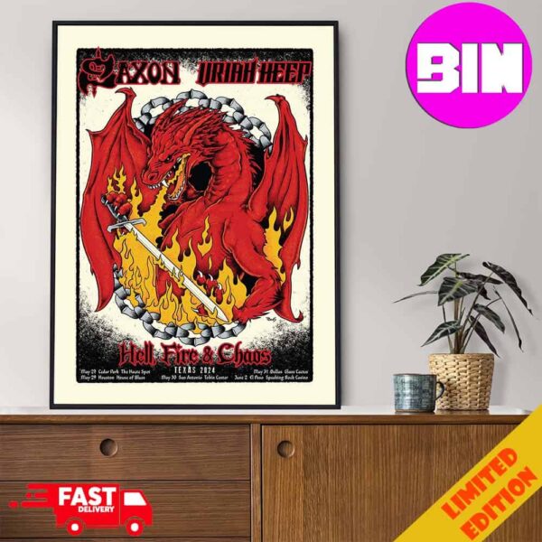 Celebrate Saxon And Uriah Heep In Texas With Our Limited Edition Silk-Screened Poster Heel Fire Chaos Show 2024 Schedule List Home Decor Poster Canvas