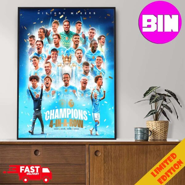 Congrats Man City Champions 4 In A Row Manchester City Champions Premier League 2023-2024 Home Decor Poster Canvas