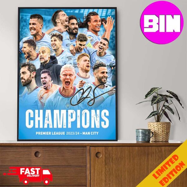 Congratulation Pep Guardiola With Manchester City Champions Premier League 2023-2024 Man City Champions 4 In A Row Home Decor Poster Canvas