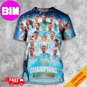 Manchester City Is Premier League Champions History Makers 4-In-A-Row 2020-21 2021-2022 2022-23 2023-2024 3D Unisex T-Shirt