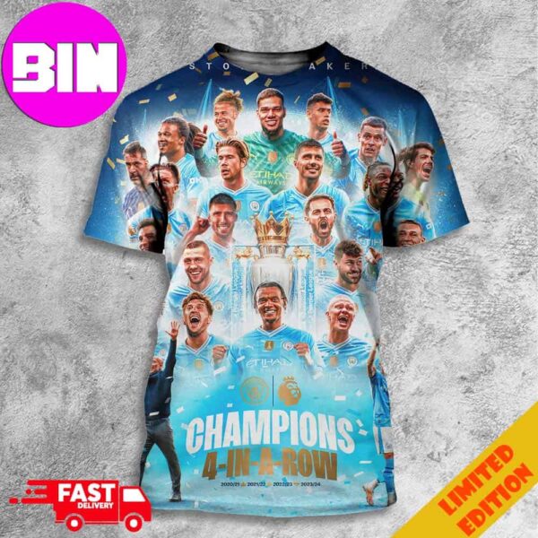 Manchester City Is Premier League Champions History Makers 4-In-A-Row 2020-21 2021-2022 2022-23 2023-2024 3D Unisex T-Shirt