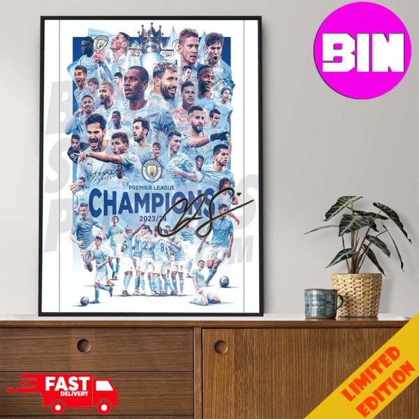 Official Pep Guardiola With Manchester City Champions Premier League 2023-2024 Man City Champions 4 In A Row Home Decor Poster Canvas