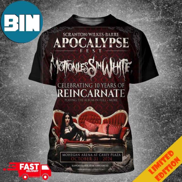 Scranton Wilkes-Barre Apocalypse Fest Motionless In White Celebrating 10 Years Of Reincarnate Playing The Album In Full And More At Casey Plaza On October 31 2024 All Over Print Shirt