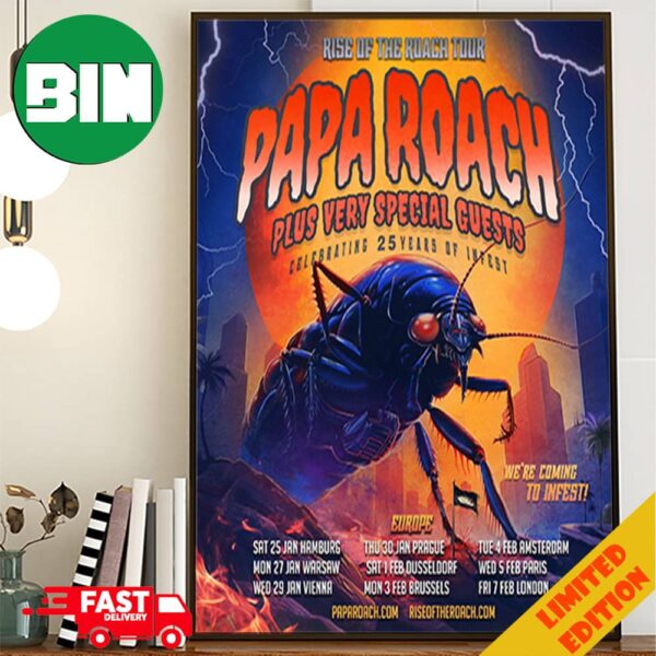 Papa Roach Rise Of The Roach Tour 2024 Celebrating 25 Years Of Infest Schedule List Date Poster Canvas