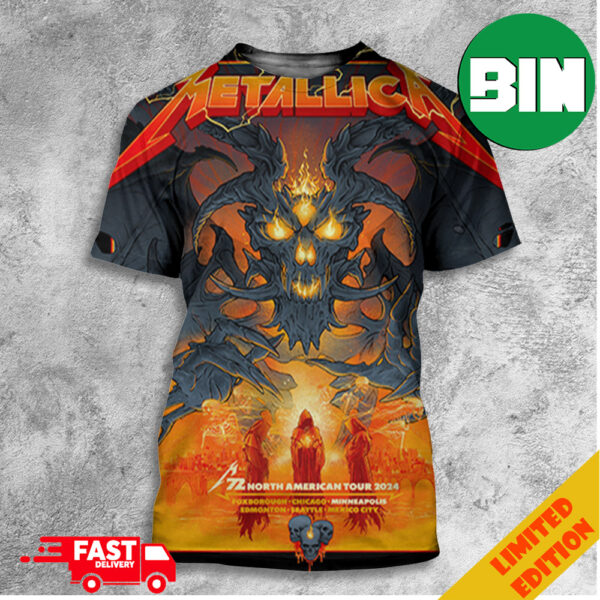 Metallica North American Tour Exclusive Pop-Up Shop Poster For M72 Minneapolis MN US August 15 2024 Skull Fire Dragon All Over Print T-Shirt