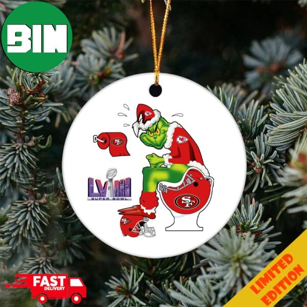 Super Bowl 2024 LVIII Champions Kansas City Chiefs Funny Grinch Sitting On Toilet San Francisco 49ers Christmas Tree Decorations Ornament