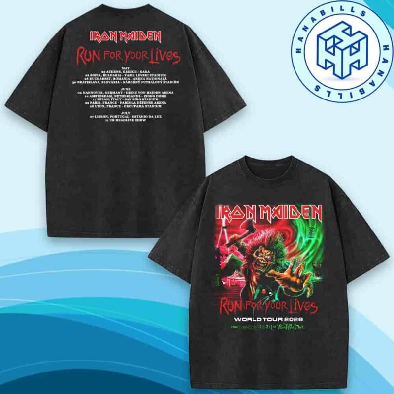 Iron Maiden Run For Your Lives World Tour 2026 Eddie Axe Fear Of The Dark Dates List Washed Tee Shirt