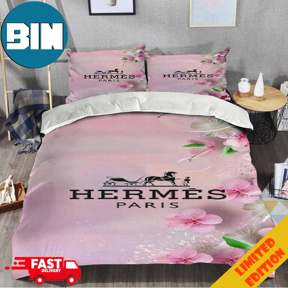 Hermes Paris Cherry Blossom Pink Background Luxury Brand Special Bedding Set Home Decoration Hermes Paris Cherry Blossom Pink Background Luxury Brand Special Bedding Set Home Decoration