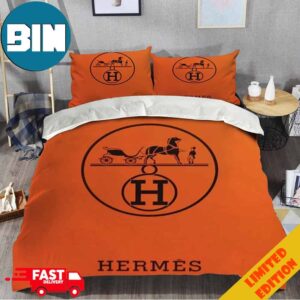 Hermes Paris Orange Background Luxury Brand Premium Bedding Set Home Decor