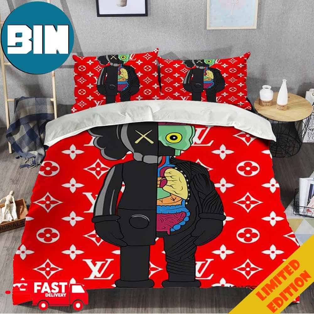 Kaws x Louis Vuitton Red Background Luxury And Fashion Style Home Decor Bedding Set Kaws x Louis Vuitton Red Background Luxury And Fashion Style Home Decor Bedding Set