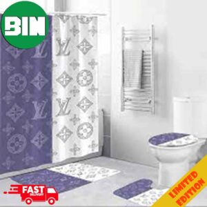 Louis Vuitton Blue And White Hypebeast Luxury Fashion Brand Bathroom Set Home Decor With Bath Mat And Shower Curtain