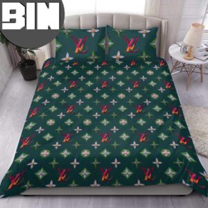 Louis Vuitton Flower Logo Pattern Green Background Bedding Set