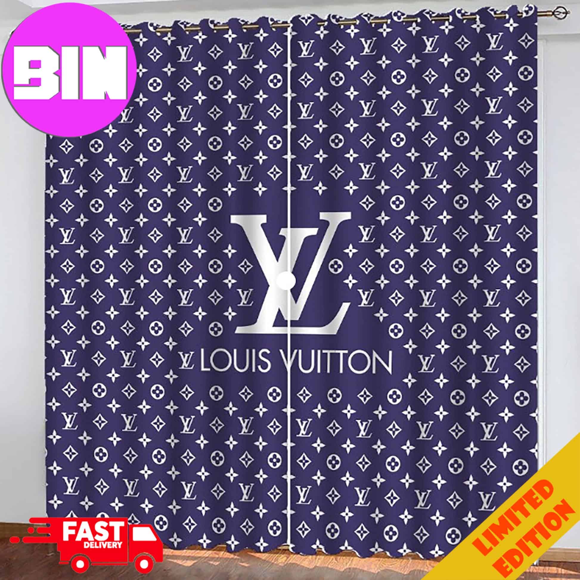 Louis Vuitton LV Blue Background And White Logo Window Curtain For Bedroom Living Room Window Decor Louis Vuitton LV Blue Background And White Logo Window Curtain For Bedroom Living Room Window Decor