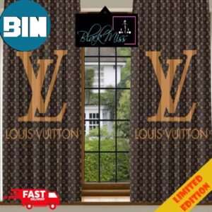 Louis Vuitton Luxury Brown Background And Golden Logo Window Curtain For Bedroom Living Room Window Decor