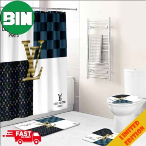 Louis Vuitton Paris Luxury Dark Blue Color Yellow Logo Home Decor Bathroom Set With Shower Curtain