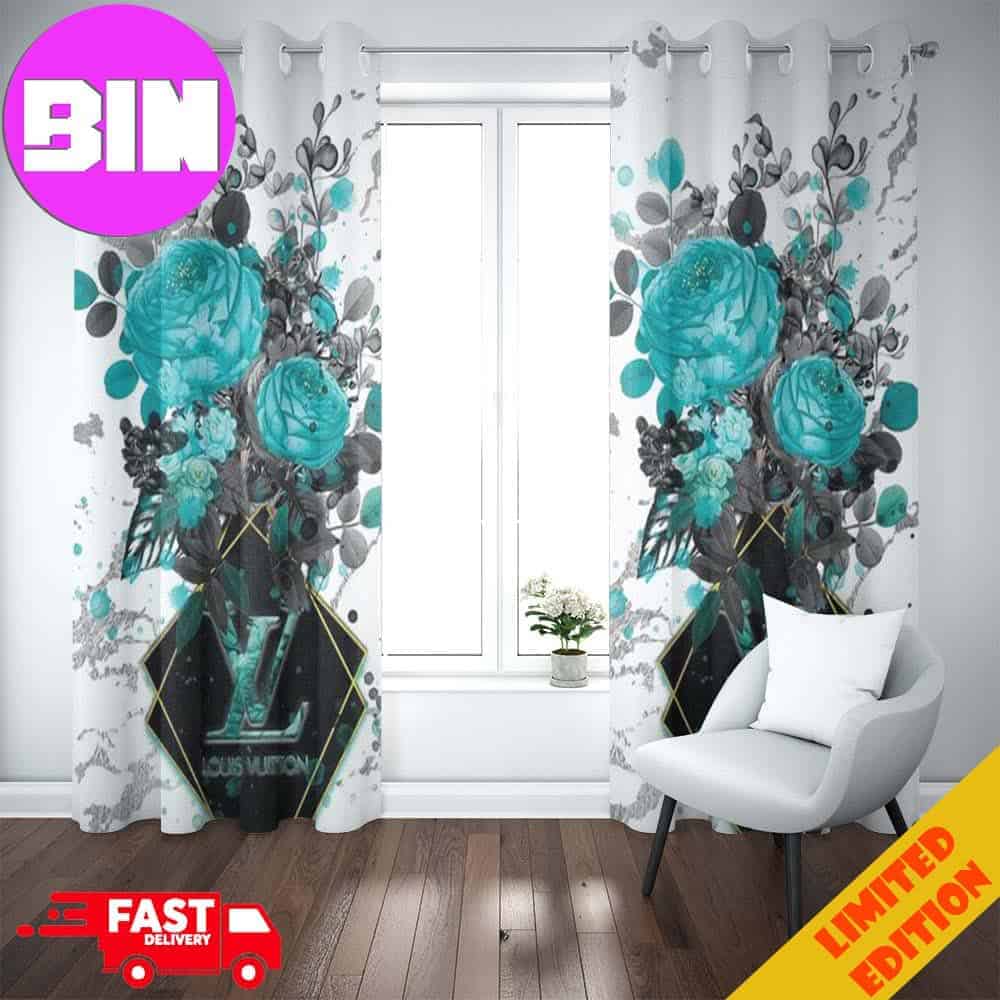 Louis Vuitton Window Curtain White Background And Blue Rose Pattern Luxury Home Decor For Living Room And Bedroom Louis Vuitton Window Curtain White Background And Blue Rose Pattern Luxury Home Decor For Living Room And Bedroom