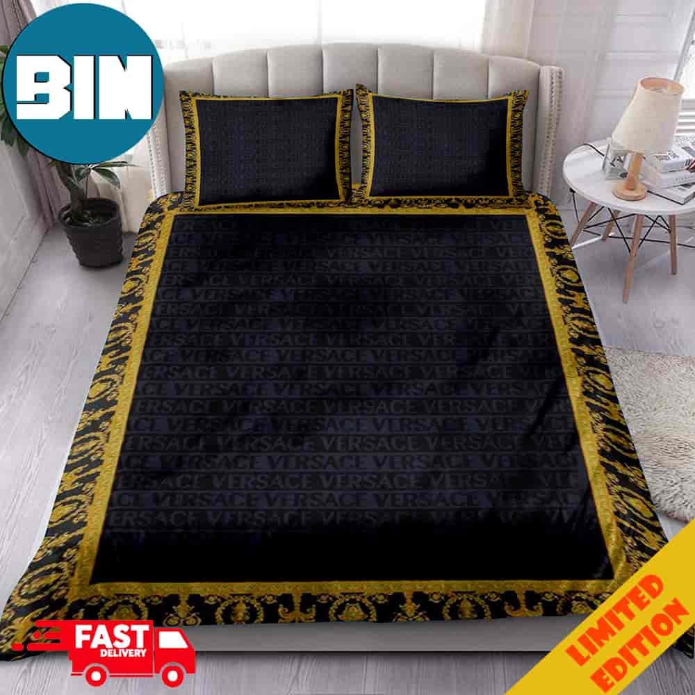 Versace Words Texts Luxury Black Background Bedding Set Versace Words Texts Luxury Black Background Bedding Set