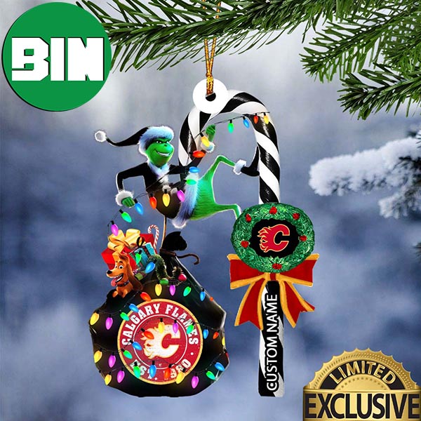 Calgary Flames NHL Grinch Candy Cane Custom Name Xmas Gifts Christmas Tree Decorations Ornament Calgary Flames NHL Grinch Candy Cane Custom Name Xmas Gifts Christmas Tree Decorations Ornament