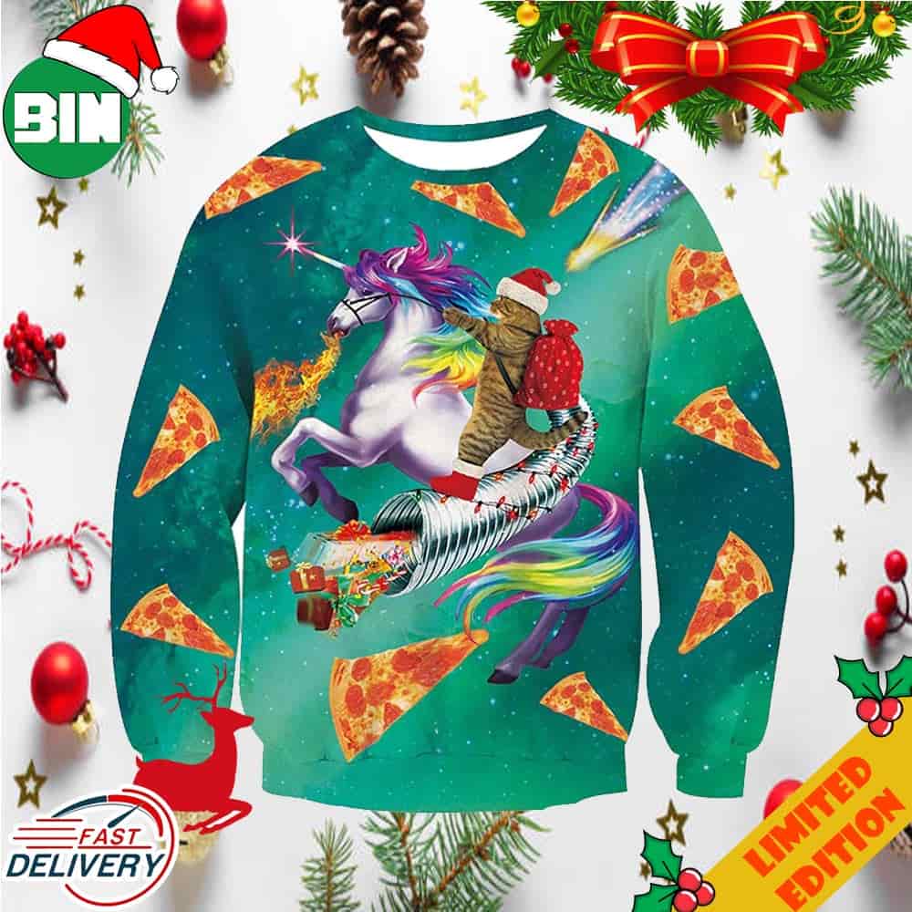 Cat Riding Unicorn Funny Pizza Cat Ugly Sweater For Men And Women Cat Riding Unicorn Funny Pizza Cat Ugly Sweater For Men And Women